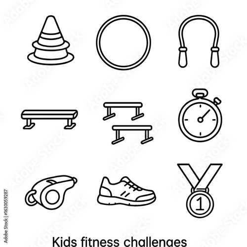 Kids Fitness Icons. Outline icon set of kids fitness challenges: cone markers, hula hoop, jump rope, balance