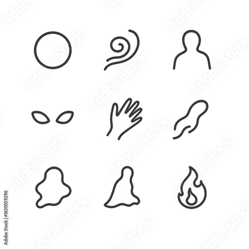 Spectral Phenomena Icons. Outline icon set of spectral phenomena: orb of light, mist swirl, shadow silhouette, glowing eyes