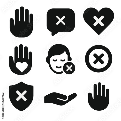 Kindness Icons Set. Solid, filled icons set of saying no with kindness: gentle stop hand, kind refusal bubble,