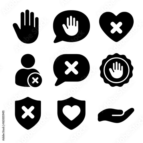Kindness Icons Set. Solid, filled icons set of saying no with kindness: gentle stop hand, kind refusal bubble,