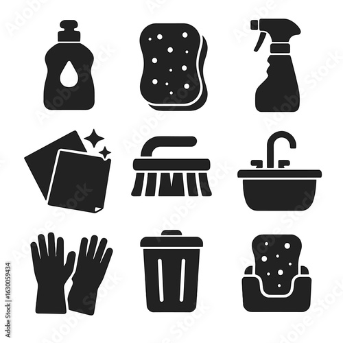 Kitchen Cleaning Icons. Solid, filled icons set of Kitchen cleaning hacks: dish soap, sponge, spray bottle,