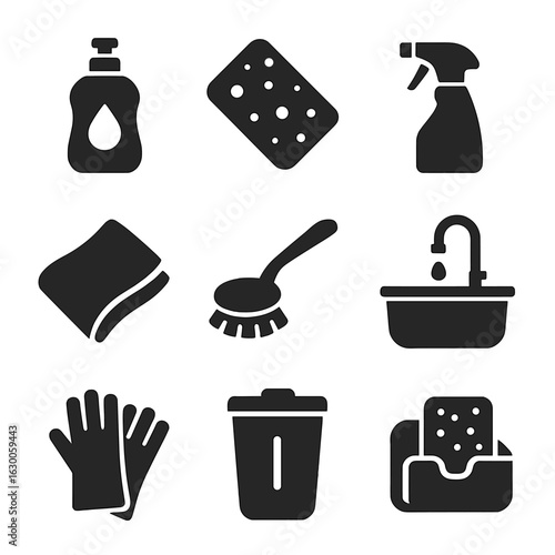 Kitchen Cleaning Icons. Solid, filled icons set of Kitchen cleaning hacks: dish soap, sponge, spray bottle,