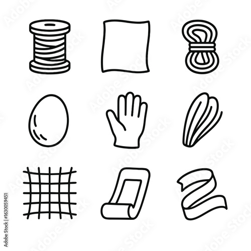 Spider Silk Icon Set. Outline icon set of spider silk products: silk thread spool, silk fabric, spider silk rope, silk cocoon,