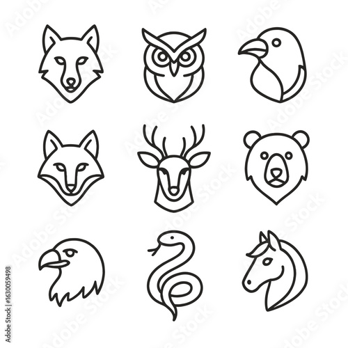 Spirit Animal Icons. Outline icon set of spirit animals: wolf spirit, owl spirit, raven spirit, fox spirit, deer spirit, bear