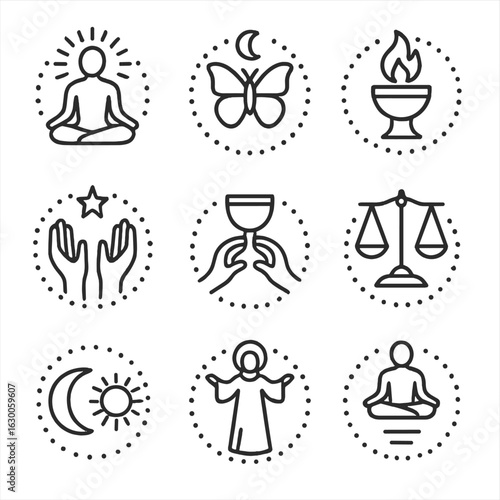 Spiritual Icons Set. Outline icon set of ritual circle spiritual concepts: enlightenment, rebirth, transformation, purification,