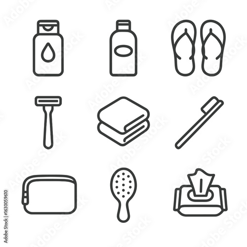 Gym Bag Essentials. Outline icon set of hygiene items in gym bag: shower gel, shampoo, flip-flops, razor, travel towel, toothbrush