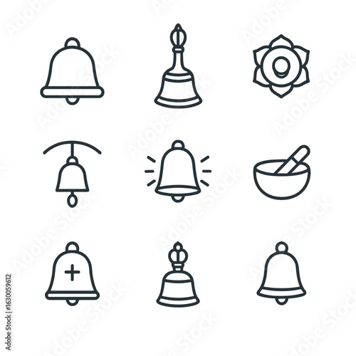 Spiritual Bells Icon Set. Outline icon set of spiritual bells: meditation bell, Tibetan bell, chakra bell, zen chime, energy bell,