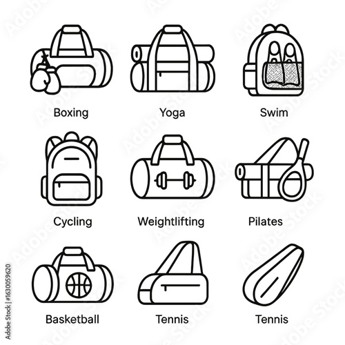 Gym Bag Icons. Outline icon set of specialized gym bag types: boxing bag, yoga duffel, swim gear bag, CrossFit tote, cycling pack,