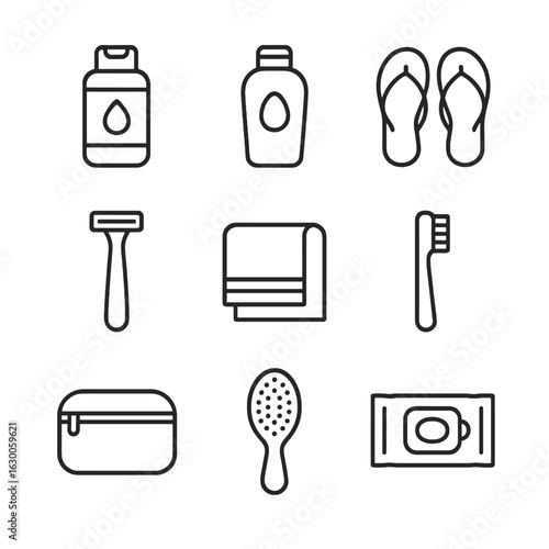 Gym Bag Essentials. Outline icon set of hygiene items in gym bag: shower gel, shampoo, flip-flops, razor, travel towel, toothbrush