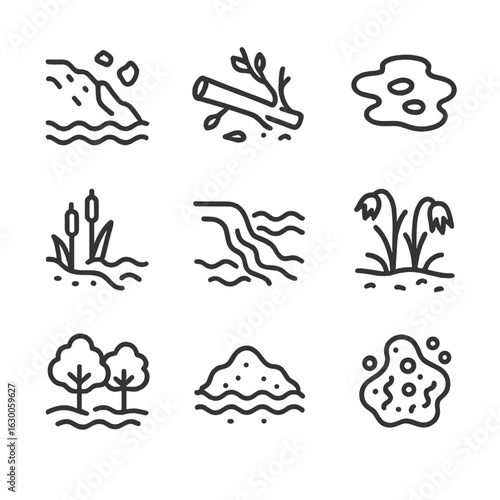 Deluge Effects Icons. Outline icon set of deluge environmental effects: soil erosion, fallen tree, mud puddle, swamp, riverbank