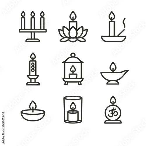 Spiritual Candleholder Icons. Outline icon set of spiritual candleholders: altar stand, lotus base, incense combo holder, chakra