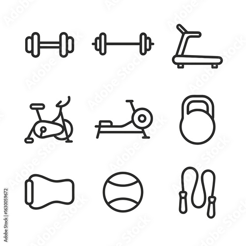 Gym Equipment Icons. Outline icon set of gym equipment: dumbbell, barbell, treadmill, exercise bike, rowing machine, kettlebell,