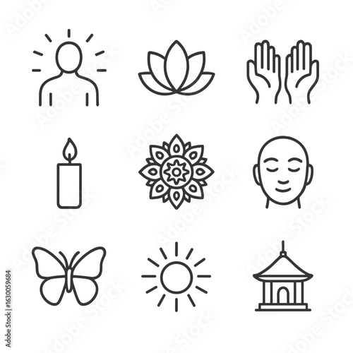 Spiritual Icon Grid. Outline icon set of spiritual release: glowing aura, lotus flower, open hands prayer, candle flame, mandala,