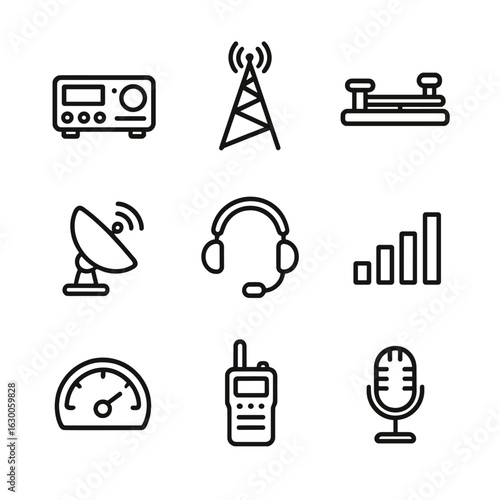 Ham Radio Icons. Outline icon set of ham radio and amateur communication: ham radio, antenna tower, Morse code key, satellite dish