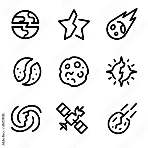 Split Technology and Celestials. Outline icon set of split technology: broken screen, split circuit board, cracked phone, divided