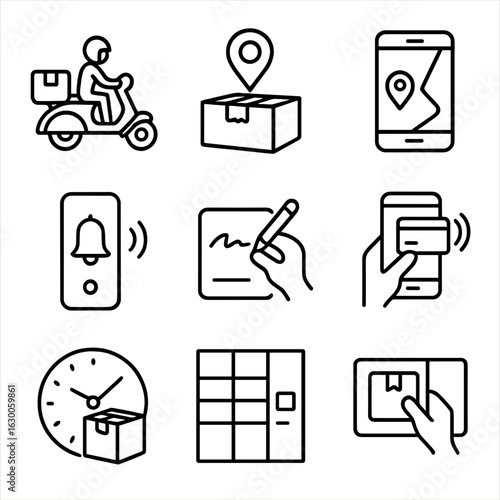 Last-Mile Delivery Icons. Outline icon set of last-mile delivery: delivery scooter, package, address pin, GPS