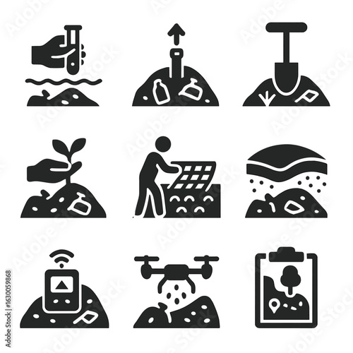 Landfill Monitoring Icons. Solid, filled icons set of landfill monitoring and remediation: groundwater testing
