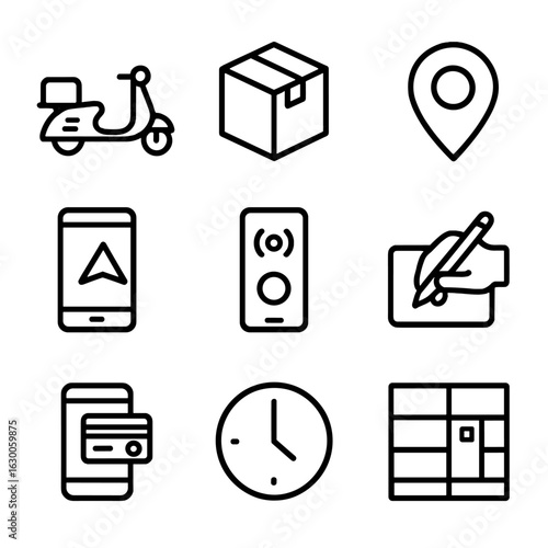 Last-Mile Delivery Icons. Outline icon set of last-mile delivery: delivery scooter, package, address pin, GPS
