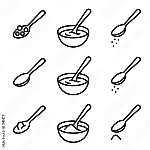 Spoon Action Icons. Outline icon set of tablespoon in action: scooping cereal, stirring soup, adding salt, flour. Line icons in