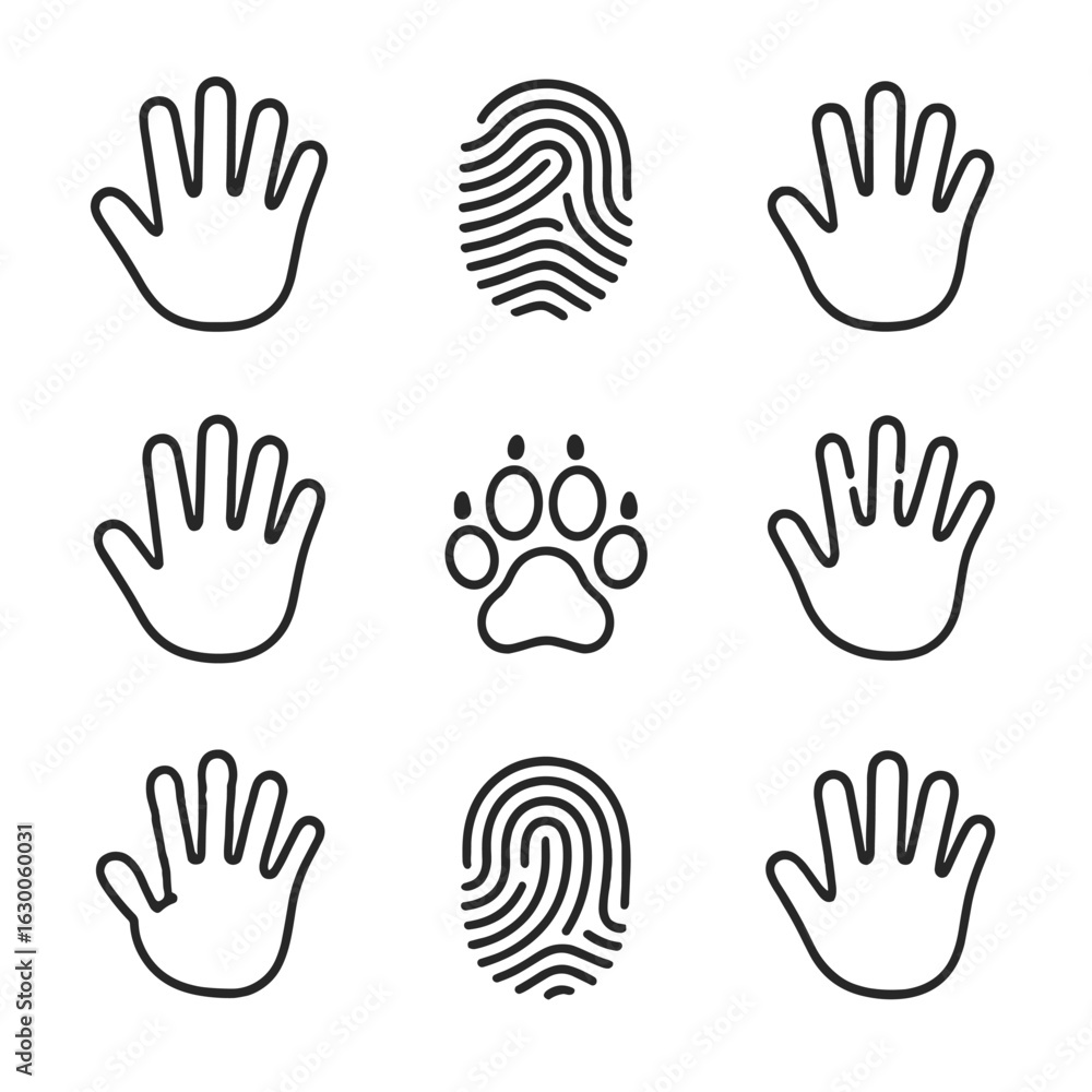 Fototapeta premium Handprint Icon Set. Outline icon set of handprint types: palm print, fingerprint, child’s handprint, adult handprint, animal paw