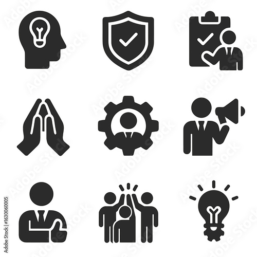 Leadership Icons Collection. Solid, filled icons set of leadership qualities: vision, integrity,