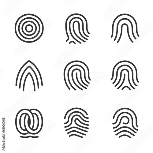 Handprint Icon Set. Outline icon set of handprint patterns: whorl, loop, arch, tented arch, radial loop, ulnar loop, double loop,