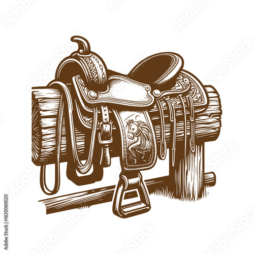 Western Saddle on Fence Post – Black and White Vector Illustration for Tracing or Engraving