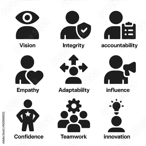 Leadership Icons Collection. Solid, filled icons set of leadership qualities: vision, integrity,