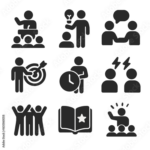 Leadership Skills Icons. Solid, filled icons set of leadership and personal development: public speaking,