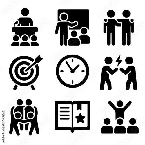 Leadership Skills Icons. Solid, filled icons set of leadership and personal development: public speaking,