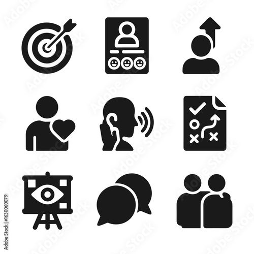 Leadership Tools Icons. Solid, filled icons set of Leadership coaching tools: goal setting, feedback form,