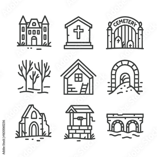 Haunted Locations Icons. Outline icon set of haunted locations: abandoned mansion, crypt, cemetery gate, foggy forest, dark attic,