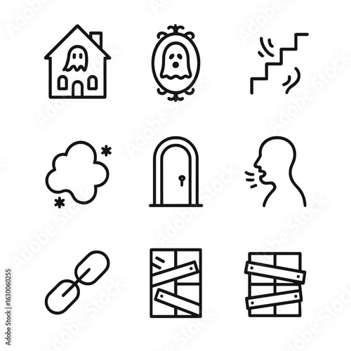 Haunted Places Icon Set. Outline icon set of haunted places: ghost house, cursed mirror, creaking stairs, flickering candle, cold