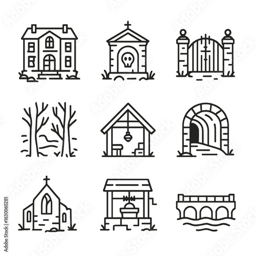 Haunted Locations Icons. Outline icon set of haunted locations: abandoned mansion, crypt, cemetery gate, foggy forest, dark attic,