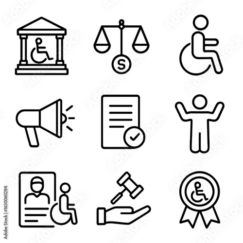 Legal Icons Collection. Outline icon set of legal and rights: accessibility law, equal access, disability