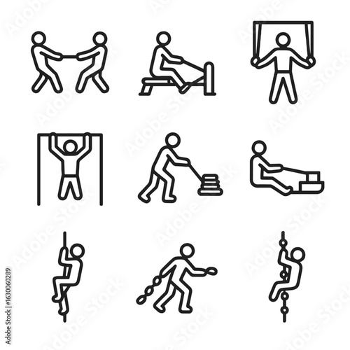 Sports Pull Icon Set. Outline icon set of pull in sports and fitness: tug of war, rowing, resistance band pull, cable machine,