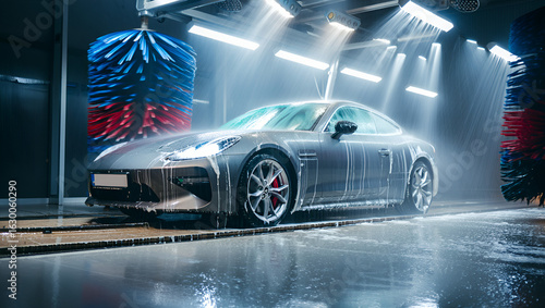 фотографія Modern Silver Car in Automatic Car Wash Tunnel with Rotating Brushes and Bright