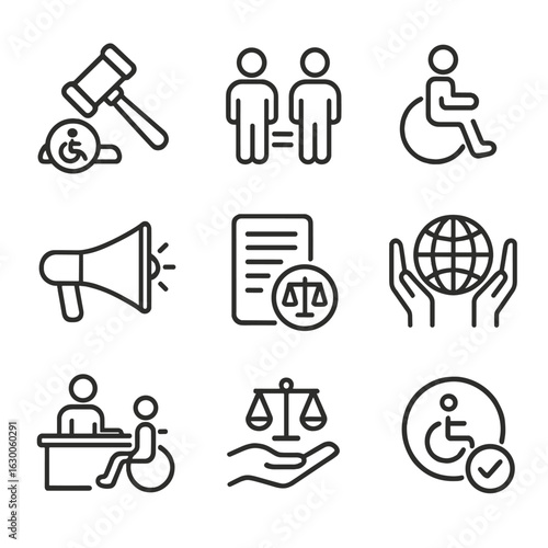 Legal Icons Collection. Outline icon set of legal and rights: accessibility law, equal access, disability
