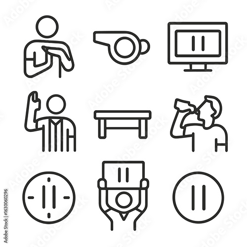 Sports Pause Icons. Outline icon set of pause in sports: timeout, whistle, scoreboard pause, referee signal, bench, water break,