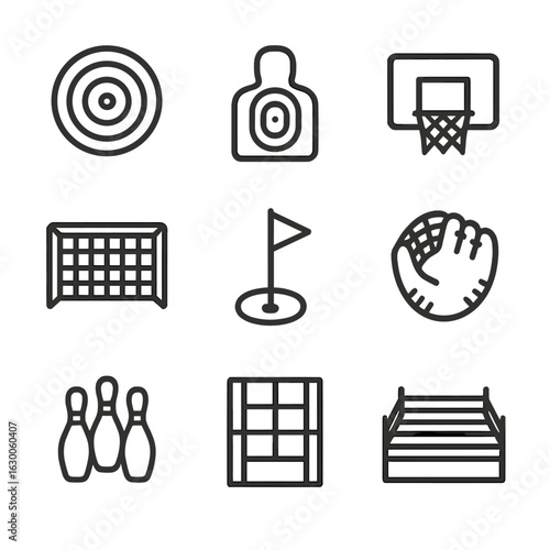 Sports Target Icons. Outline icon set of target types in sports: archery target, shooting range target, basketball hoop, soccer