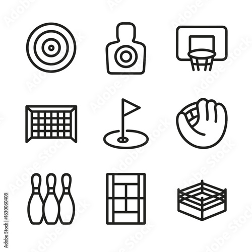 Sports Target Icons. Outline icon set of target types in sports: archery target, shooting range target, basketball hoop, soccer