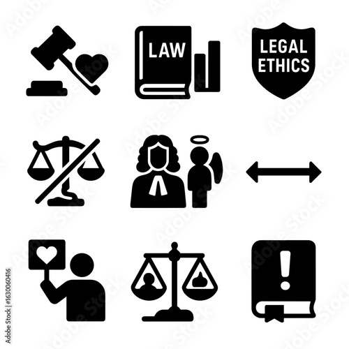Legal vs Moral Icons. Solid, filled icons set of legal vs moral standards: courtroom gavel vs heart, law book