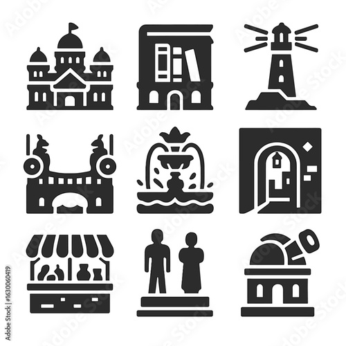 Legendary City Icons. Solid, filled icons set of legendary city landmarks: grand palace, secret library,