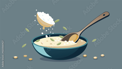 Illustration of a bowl of porridge with a spoon and a lemon being squeezed into the bowl of food