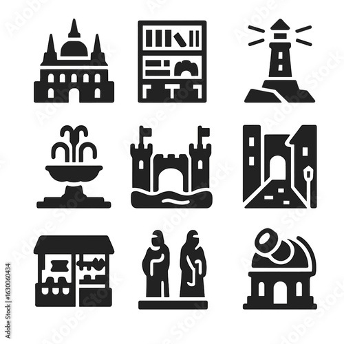 Legendary City Icons. Solid, filled icons set of legendary city landmarks: grand palace, secret library,