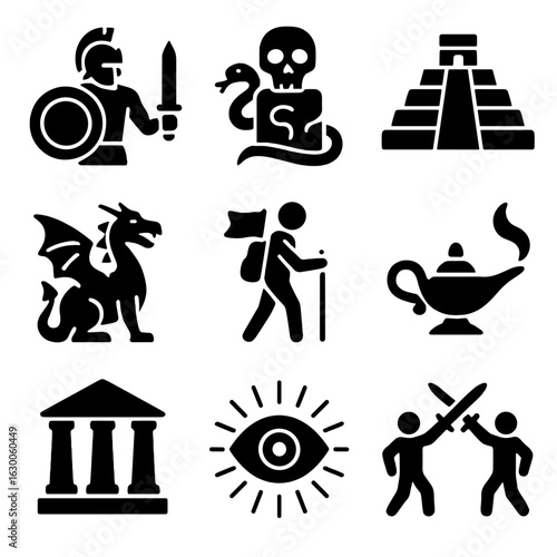 Legendary Mythical Icons. Solid, filled icons set of fabled city myths and legends: legendary heroes, ancient