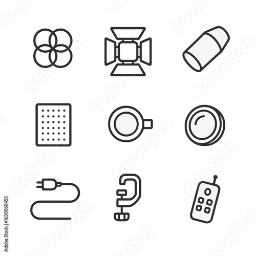 Spotlight Accessories Icons. Outline icon set of spotlight accessories: color gels, barn doors, snoot, diffuser, gobo holder, lens