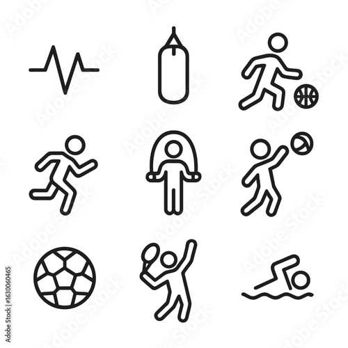 Sports Icons Set. Outline icon set of beat in sports: heartbeat, punching bag, basketball dribble, running, jump rope, volleyball