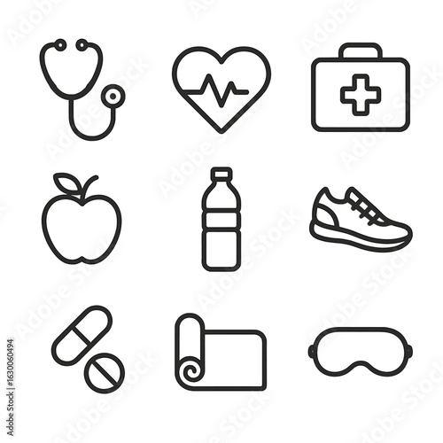 Health Icon Set. Outline icon set of purity in health: stethoscope, heart rate, first aid kit, healthy apple, water bottle,