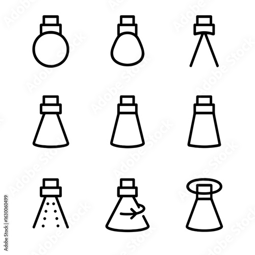 Spotlight Beam Icons. Outline icon set of spotlight beam shapes: circular beam, elliptical beam, narrow beam, wide beam, soft edge